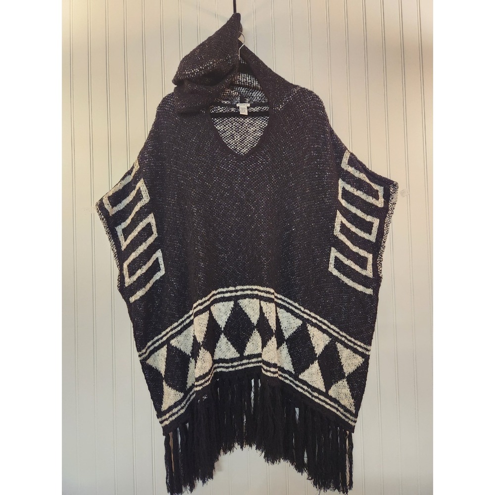 Forever 21 Womens Hooded Poncho Sweater Black White Geometric Fringe One Size